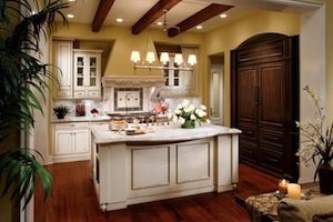 Brentwood Beaded Inset in Creme paint with Chocolate glaze; refrigerator cabinet in Java stain