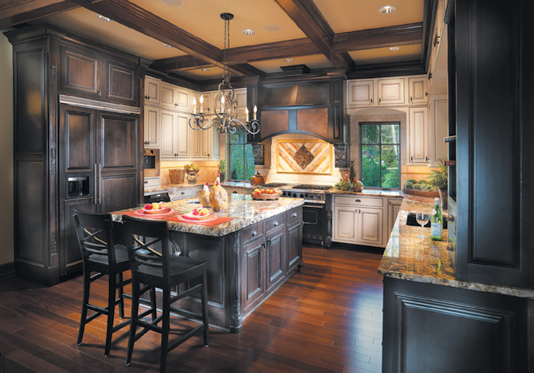 Mount Vernon Kitchen: Dark cabinetry in Cherry with Espresso stain; Light cabinetry in Maple with Creme Brule paint