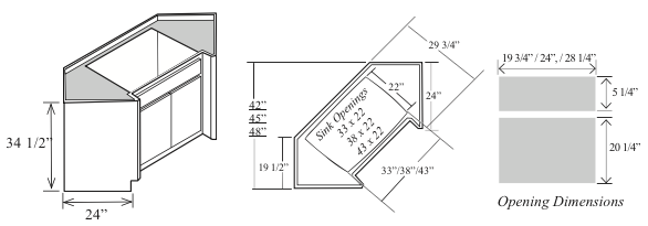 BSD42: Kitchen Diagonal Sink Base Cabinet, 42"W along the wall x 34-1/2"H x 24"D