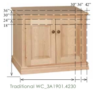 WC_3A1901: Traditional Semi-Custom TV Stand, 2 doors, 1 adjustable shelf for 24-36"H models (none for 18"H model), 17"D