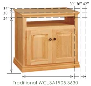 WC_3A1905: Traditional Semi-Custom TV Stand, 2 doors with top opening, 1 adjustable shelf for 30-36"H models (none for 24"H model), 17"D
