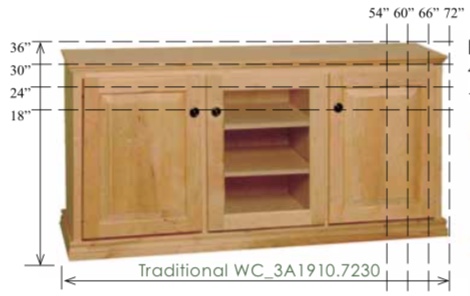 WC_3A1910: Traditional Semi-Custom Entertainment Stand, 3 Sections, 2 Raised-Panel & 1 Glass Door, 17"D