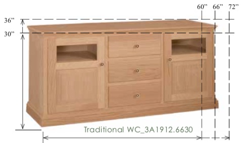 WC_3A1912: Traditional Semi-Custom Entertainment Stand, 3 Sections, 2 Doors, 3 Drawers, 2 adjustable shelves, 17"D