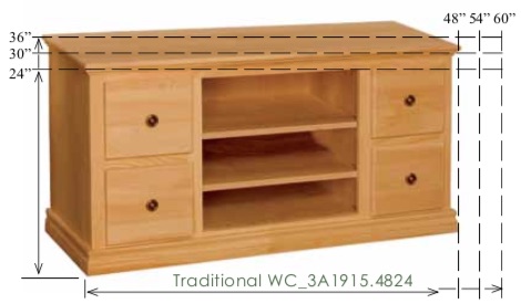 WC_3A1915: Traditional Semi-Custom Entertainment Stand, 3 Sections, 6 Drawers for 30-36"H models, 4 Drawers for 24"H model, 2 adjustable shelves for 30-36"H models (1 for 24"H model), 17"D