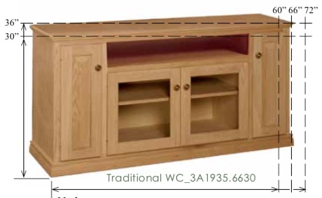 WC_3A1935: Traditional Semi-Custom Entertainment Stand, 3 Sections, 2 Raised-Panel Doors, 2 Glass Doors, 1 opening, 1 adjustable shelf, 17"D