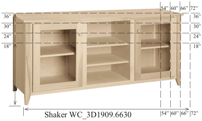 WC_3D1909: Shaker Semi-Custom Entertainment Stand, 3 Sections, 2 Glass Doors, 17"D