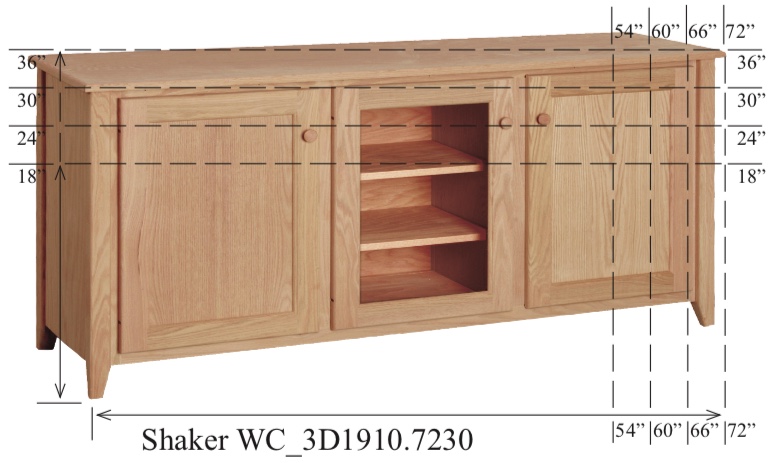 WC_3D1910: Shaker Semi-Custom Entertainment Stand, 3 Sections, 2 Flat-Panel & 1 Glass Door, 17"D