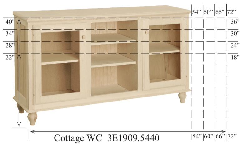 WC_3E1909: Cottage Semi-Custom Entertainment Stand, 3 Sections, 2 Glass Doors, 17"D