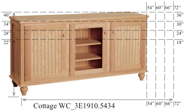 WC_3E1910: Cottage Semi-Custom Entertainment Stand, 3 Sections, 2 Beadboard & 1 Glass Door, 17"D