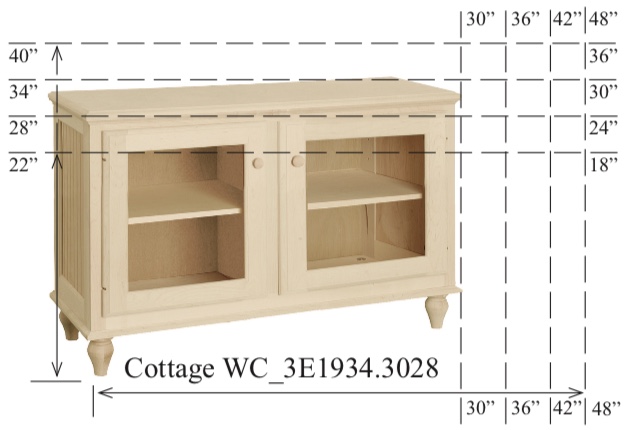 WC_3E1934: Cottage Semi-Custom Entertainment Stand, 2 Sections, 2 Glass Doors, 17"D