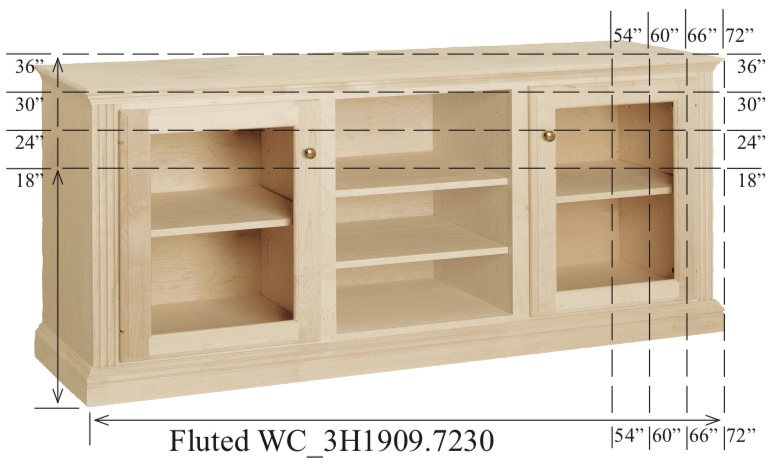 WC_3H1909: Fluted Semi-Custom Entertainment Stand, 3 Sections,  2 Glass Doors, 17"D