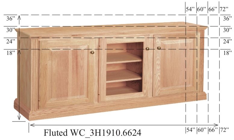 WC_3H1910: Fluted Semi-Custom Entertainment Stand, 3 Sections,  2 Raised-Panel & 1 Glass Door, 17"D