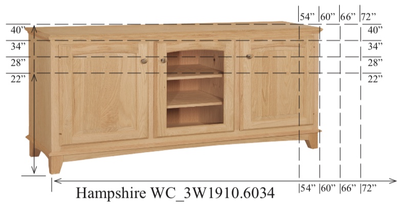 WC_3W1910: Hampshire Semi-Custom Entertainment Stand, 3 Sections,  2 Raised-Panel & 1 Glass Door, 17"D