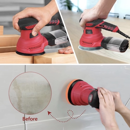 Sanding a wood cabinet door with an orbital sander