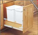 Trash Bin, Double 35-Quart Pull-Out with Full-Extension Slides and Built-in Door Mount (White Bin & Wood)