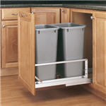 Trash Bin, Double 50-Quart Pull-Out with Soft-Closing Slides and Built-in Door Mount (Metallic Silver Polymer)