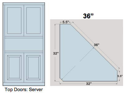 AWB 5-Sided Corner Cupboard with Top Doors and Server Shelf (-5CC3) 36"W x 78"H x 5.5"D inside