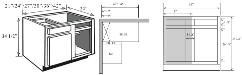 BL_33: Kitchen Corner Base Cabinet with Blind, 33"w x 34 1/2"h x 24"d