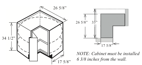 BLS33: Kitchen Corner Base Cabinet (Lazy Susan), 34 1/2w x 33 along wall;  Custom Unfinished, Stained or Painted