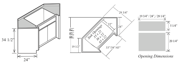 BSD48: Kitchen Diagonal Sink Base Cabinet, 48"W along the wall x 34-1/2"H x 24"D