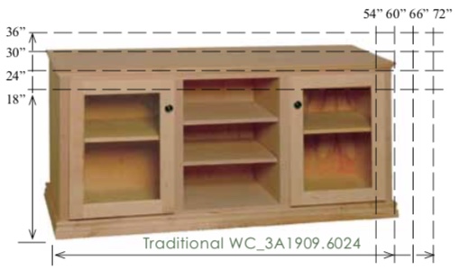 WC_3A1909: Traditional Semi-Custom Entertainment Stand, 3 Sections, 2 Glass Doors, 17"D