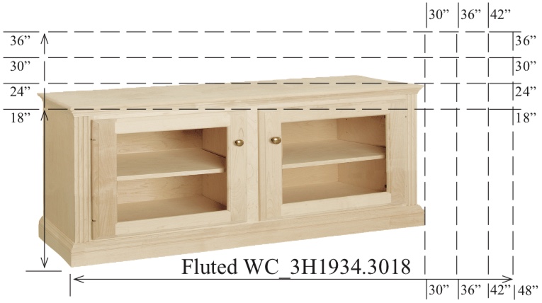 WC_3H1934: Fluted Semi-Custom Entertainment Stand, 2 Sections,  2 Glass Doors, 17"D