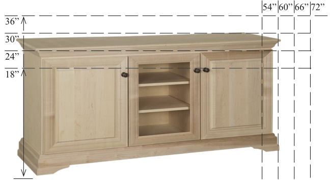 WC_3Y1940: Georgetown Semi-Custom Entertainment Stand, 3 Sections, 2 Raised-Panel Doors with 1 Glass Door in Center, 16"D, middle section is 20"W
