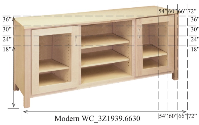 WC_3Z1939: Modern Semi-Custom Entertainment Stand, 3 Sections, 2 Glass Doors, 17"D