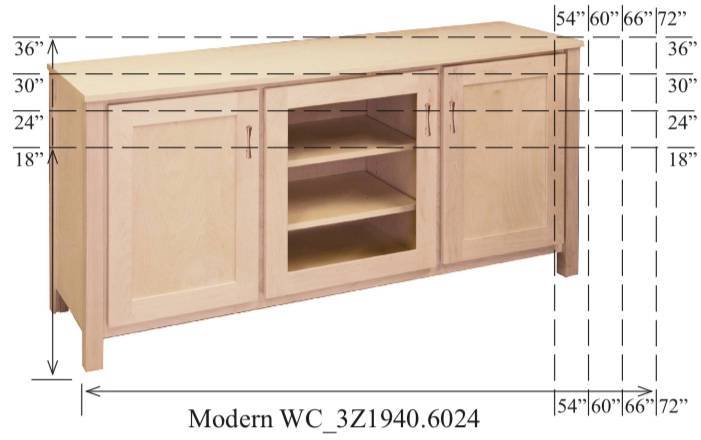 WC_3Z1940: Modern Semi-Custom Entertainment Stand, 3 Sections, 2 Flat-Panel & 1 Glass Door, 17"D